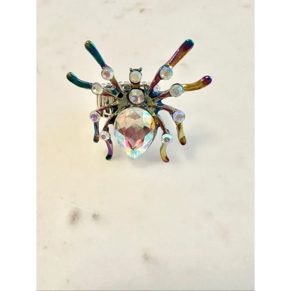 Iridescent spider rhinestone adjustable ring